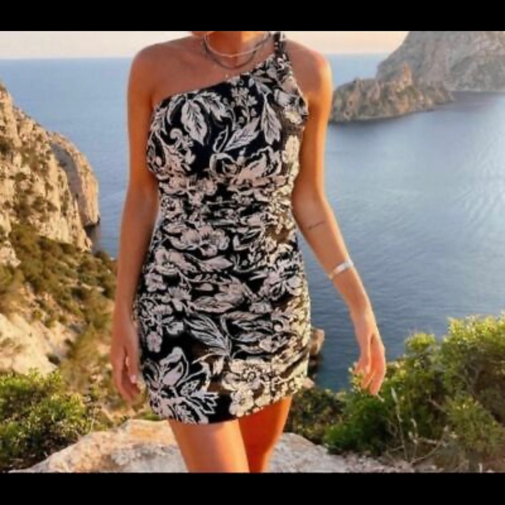 Zara Black White Ruched One Shoulder Mini Dress Blogger Favorite NWT Size S